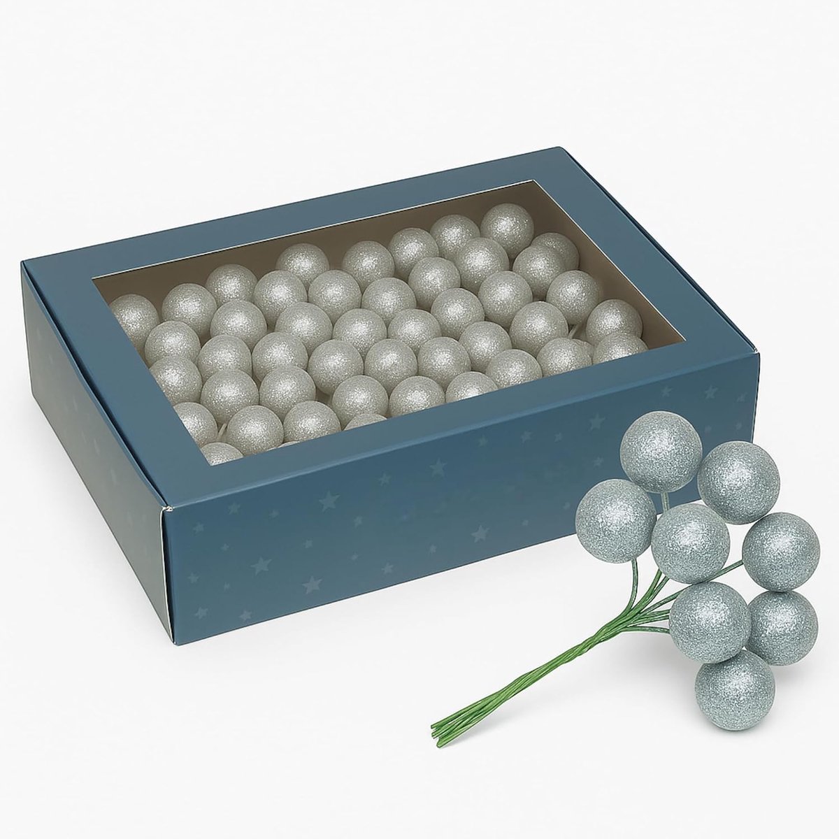 Decoratieve ballen, 180 stuks, Ø 2 cm, met draad om te steken, knutselballen van piepschuim met glitter voor adventskrans, kerstdecoratie, doe-het-zelf bloemstukken, krans, decoratie (zilver)