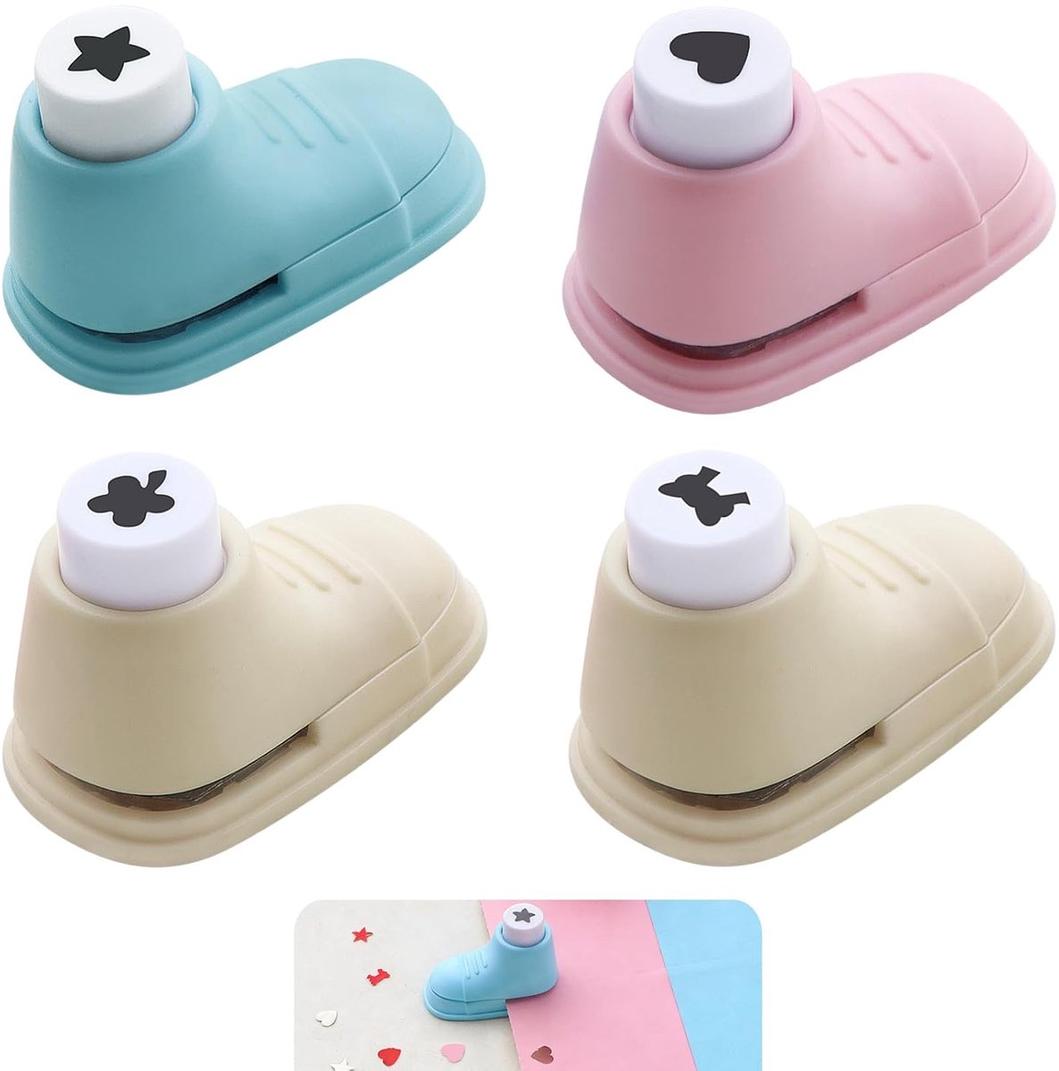 4-delige motievenponsset voor kinderen, kleine papierponsset voor kinderen, motievenponsvormen (hart, ster, klavertje, strik), ponsen voor doe-het-zelf scrapbooking, fotoalbums en kaarten maken