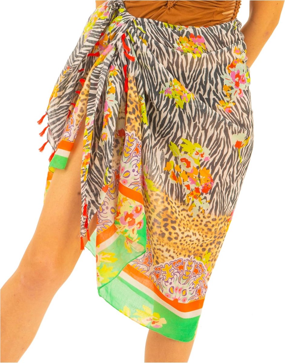 Life ART Groene pareo voor dames, met kwastjes, katoen, groot, strand, sarong, strandhanddoek, wikkelrok, strandrok, wandtapijt, wikkeldoek, bikini, bedekking, doek voor badpak