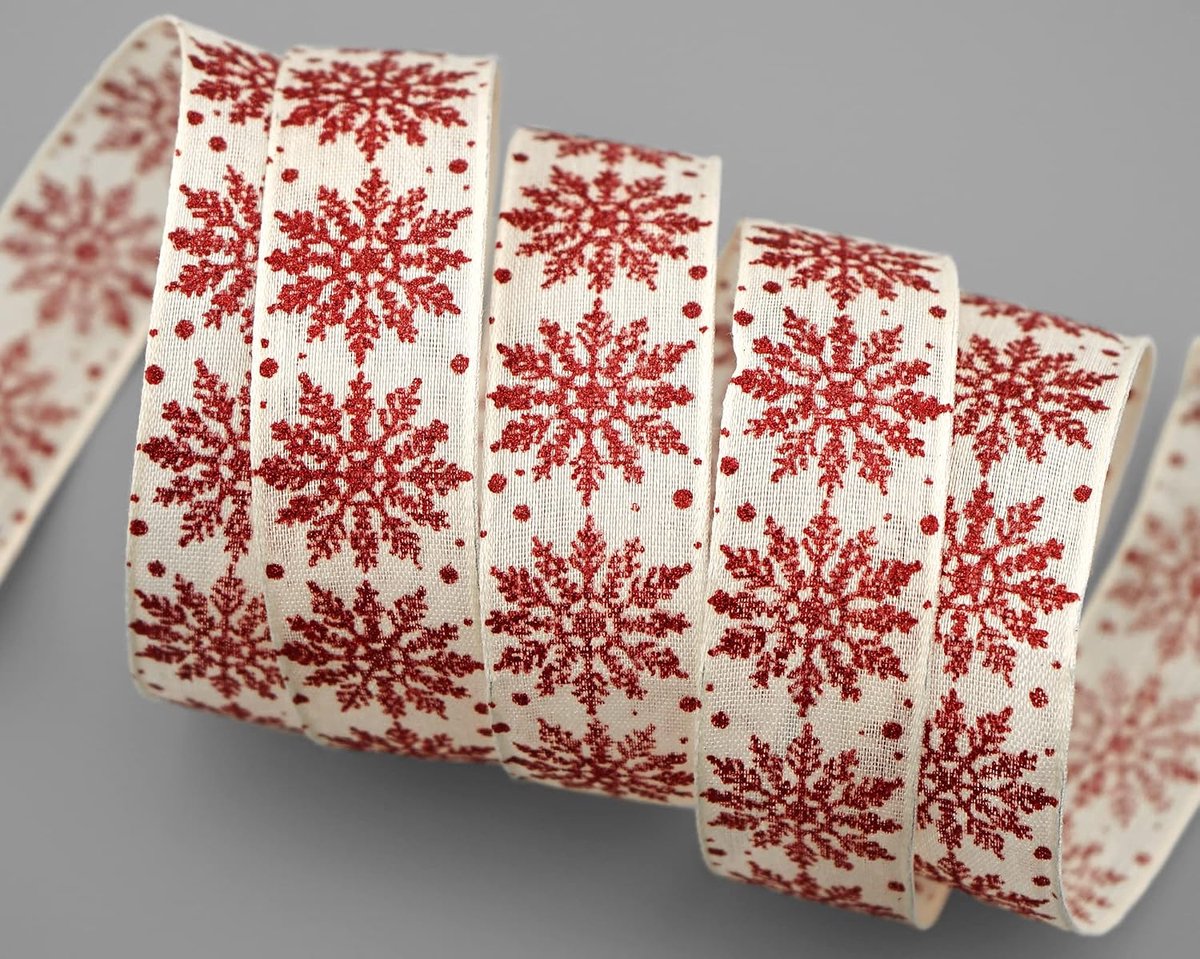 20 m x 25 mm Dekoband ADAM crème rood sneeuwvlokken cadeaulint met draadranden lint deco glans glanzende band Kerstmis sneeuwvlokken knutselen draad glitter winter