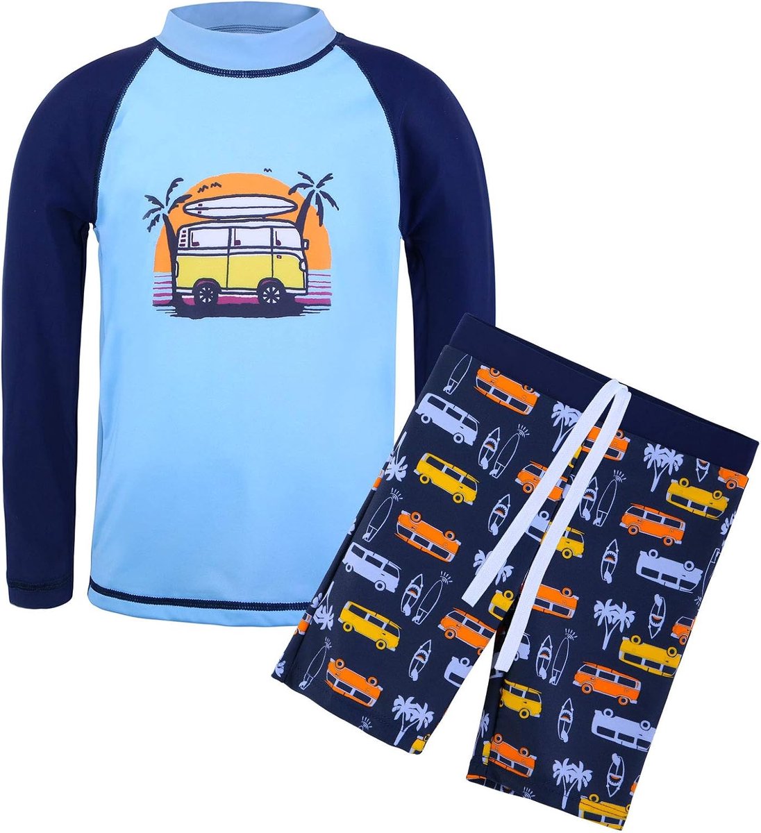 Badpak voor jongens en kinderen, 2-delig, anti-uv UPF 50+, strandbadpak met lange mouwen, 4-14 jaar