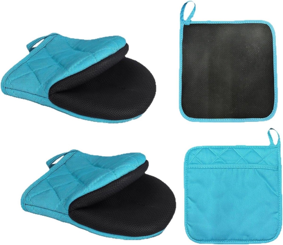 Ovenwanten en pannenlappen set van 4, hittebestendige keuken korte ovenhandschoenen, katoen en antislip grip ovenhandschoenen en hete pads voor bakken, grillen, barbecue, magnetron, blauw