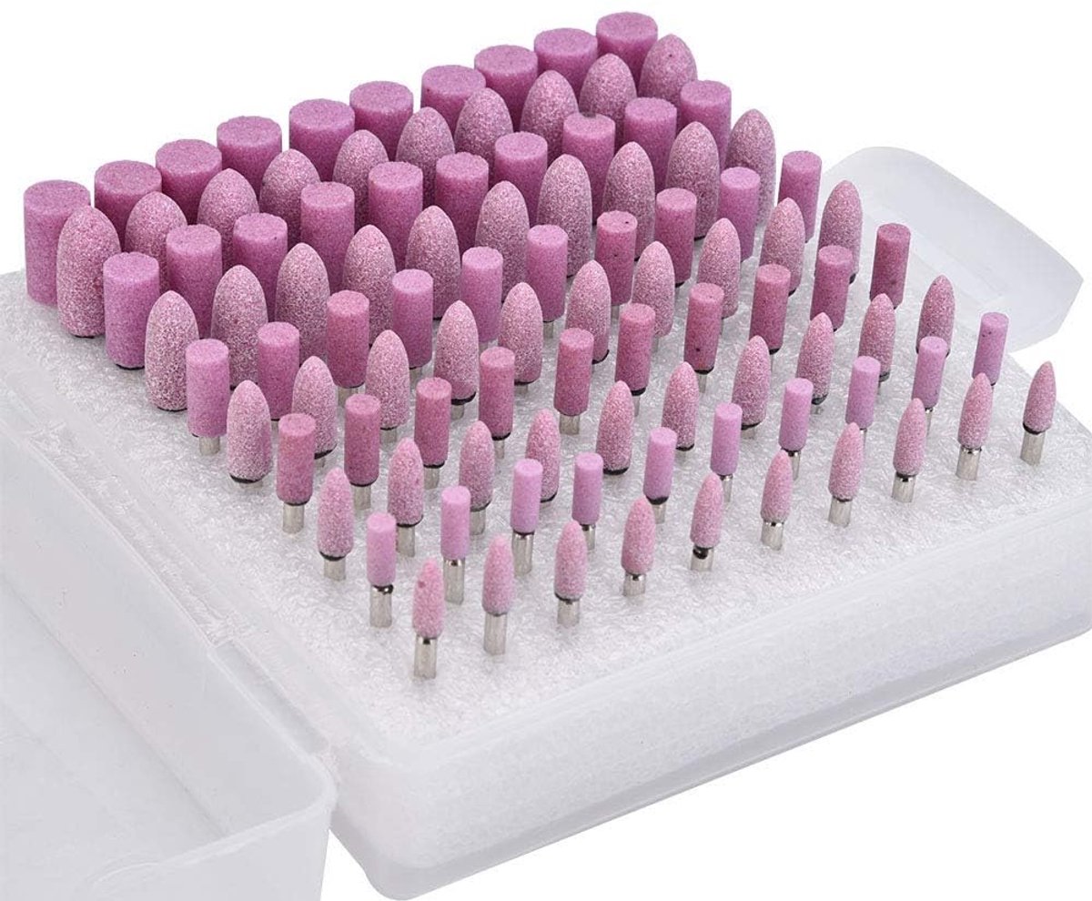 100 Stuks Polijststeen Hoofd Rotary Tool Schurende Steen, Slijpschijf Burr Bit Voor Grinder Blauwe Schacht Diameter 3Mm (Roze)
