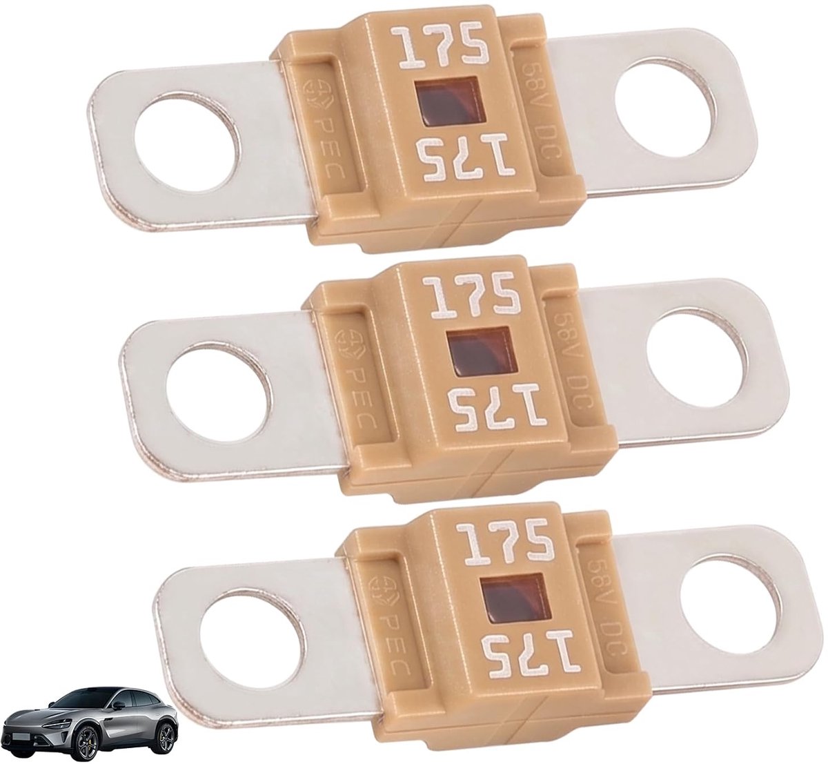 Zekeringen, 3 stuks, 175 A, autozekering, hoogspanning 12 V-58 V, compatibel met auto's, vrachtwagens, bouwvoertuigen, bussen, caravans