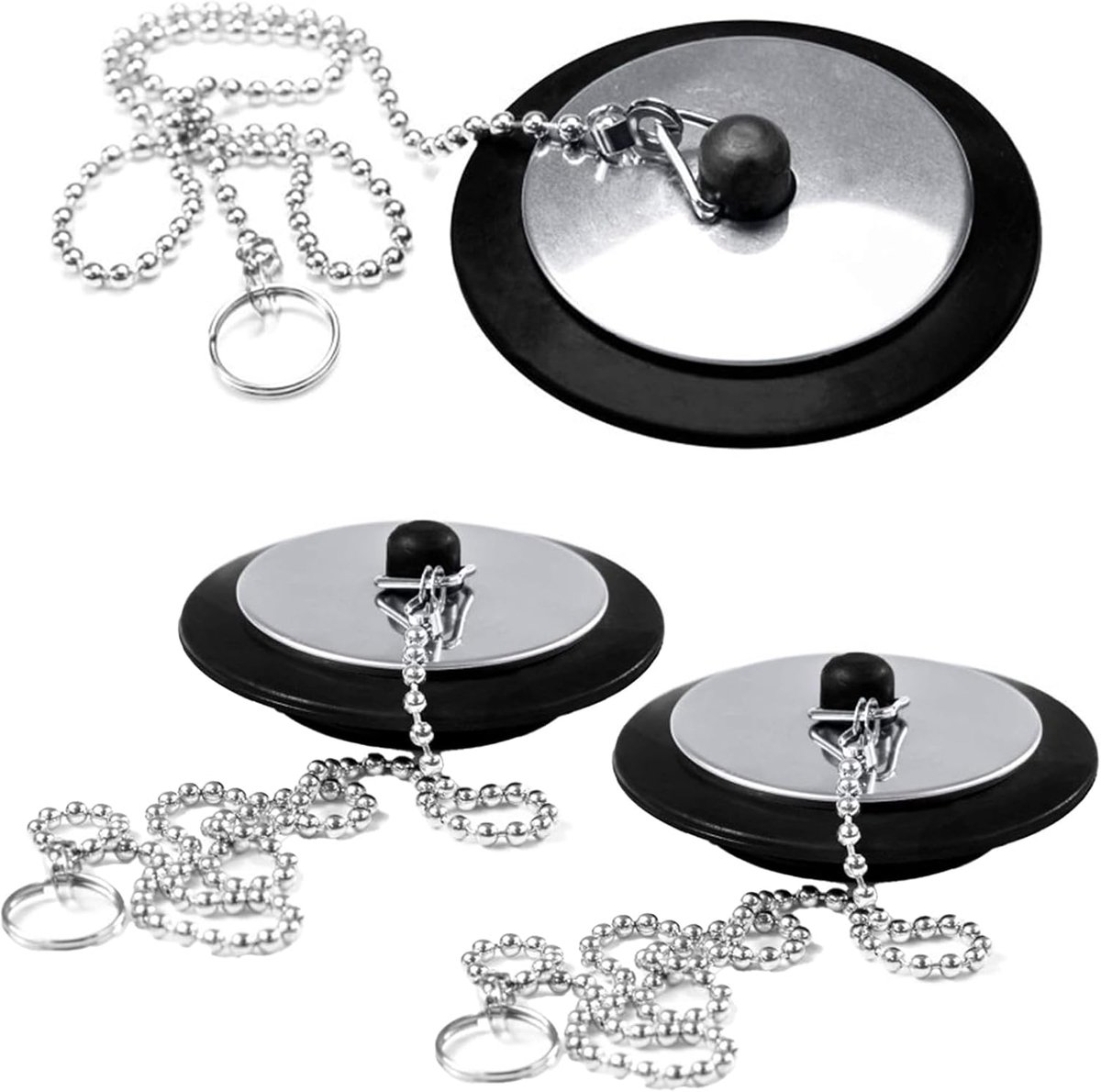 2 stuks 2 stuks universele badplug met 40 cm roestvrijstalen ketting, zwart rubber, vervanging van badpluggen, vervanging voor badkamergootsteen, vervanging voor keuken- en badkamergootsteenstekker
