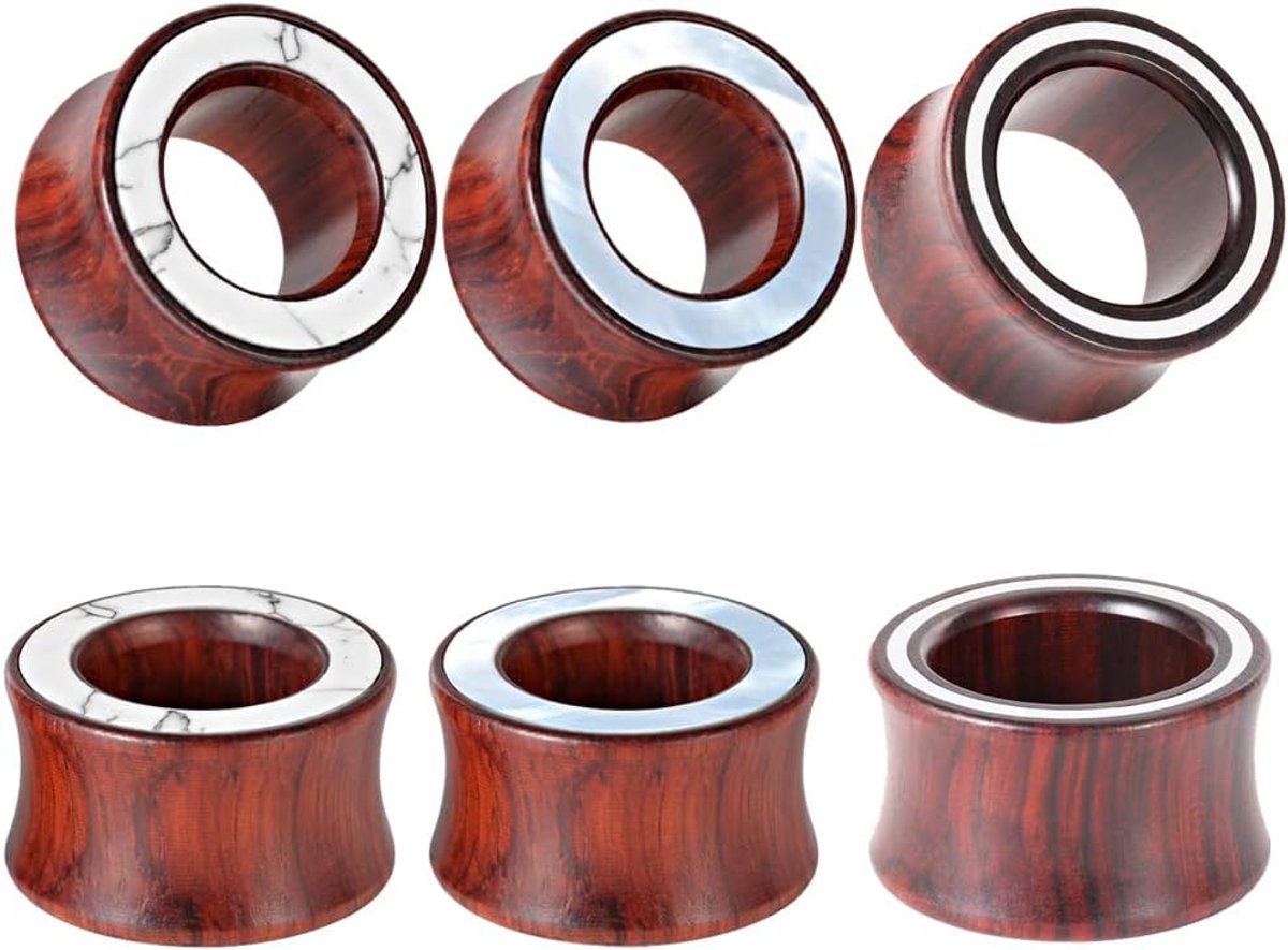 Set van 6 sandelhout meetinstrumenten hout tunnel houten oordoppen oorringen lichaamssieraden stretching tapers expander 0g-1" in 8mm-25mm