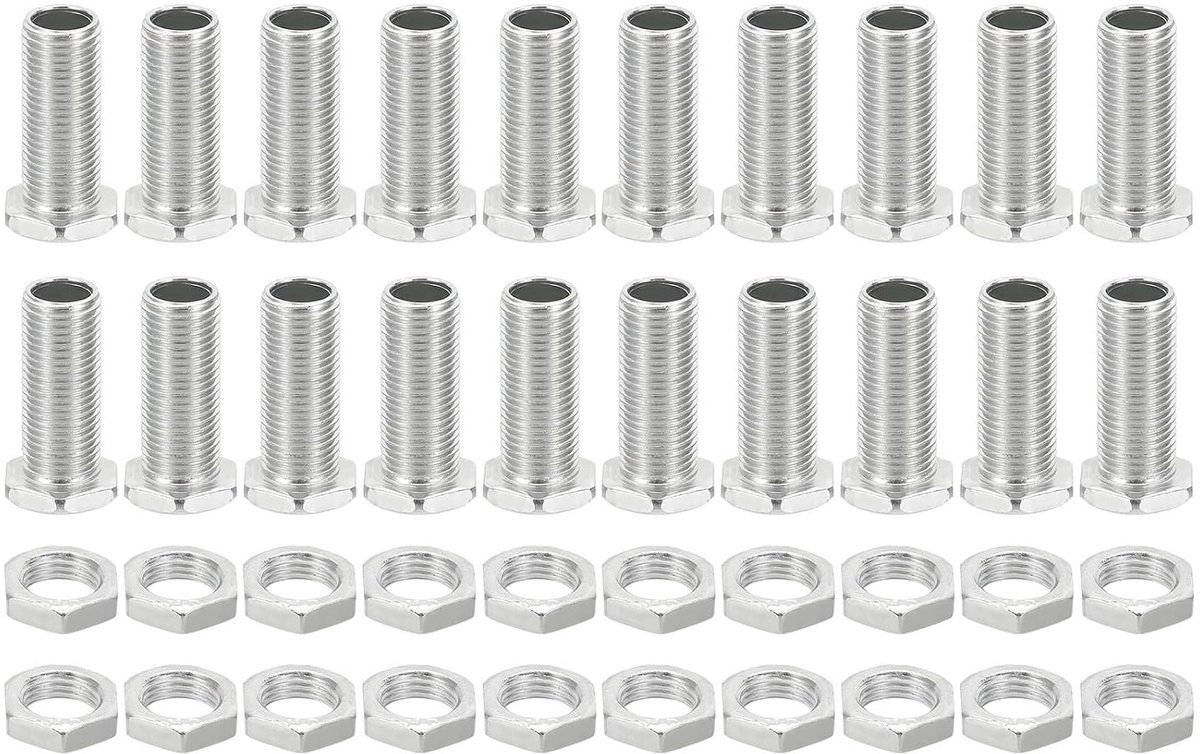 M10 x 27 mm zeskantschroeven en moeren, 20 stuks holle schroeven met fijne schroefdraad assortiment zeskantschroef doorgaand gat bouten kroonluchter bevestigingselementen