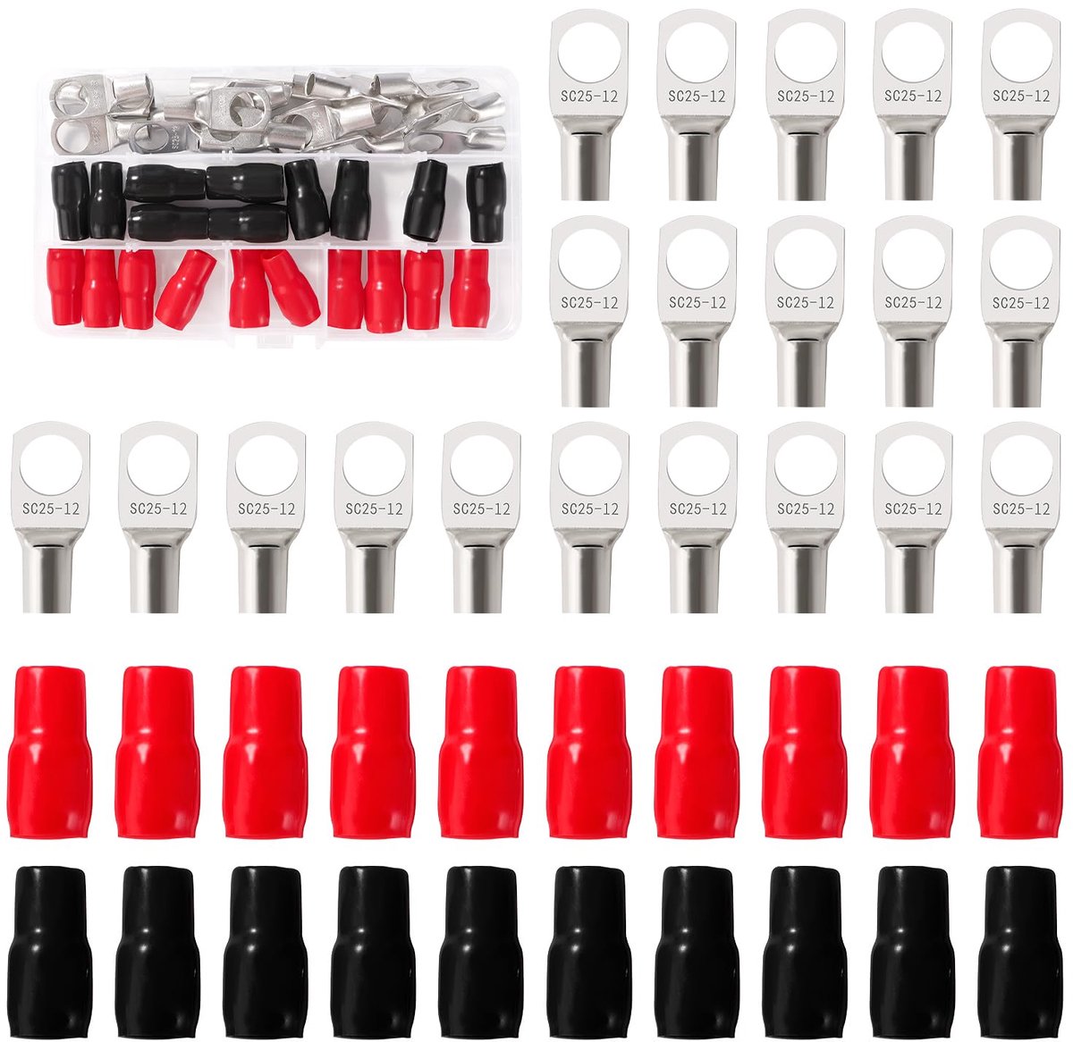 40 Stuks M12 SC25-12 AWG4 Ringklemmen Set, Buisvormige Batterijkabeluiteinden, Batterij Kabel Eind Terminals, met Isolatie Mouwen, voor Elektrische Kabel, Zilver