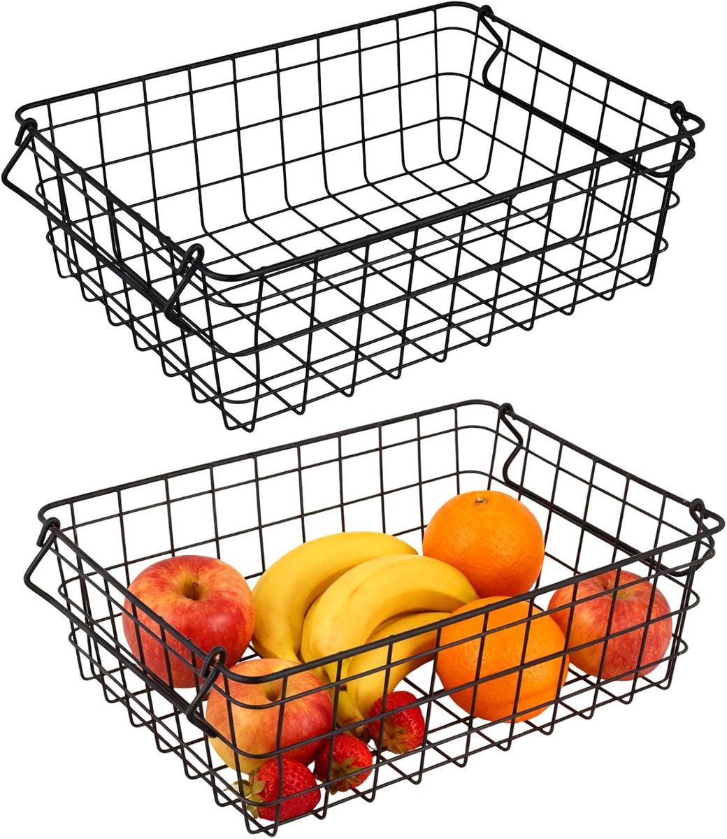 2 stuks draadmand, metalen mand, 37 x 26 x 12 cm, zwart, roostermand met handgrepen, metalen opbergmand voor keuken, badkamer, fruit en groenten