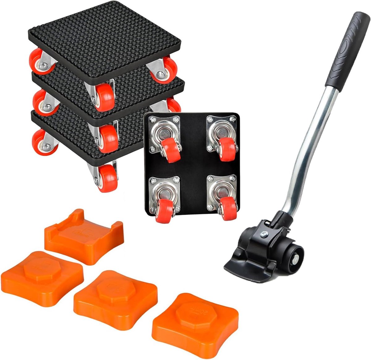 9 stuks, meubelwielen, 360 graden draaibaar, maximale belasting 500 kg, met verlengstang, 4 wielen en 4 hoogteverstellers