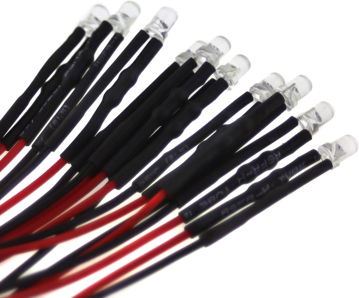 10 x 3 mm led, 24 volt, rood; met 20 cm aansluitkabel en geïntegreerde weerstand