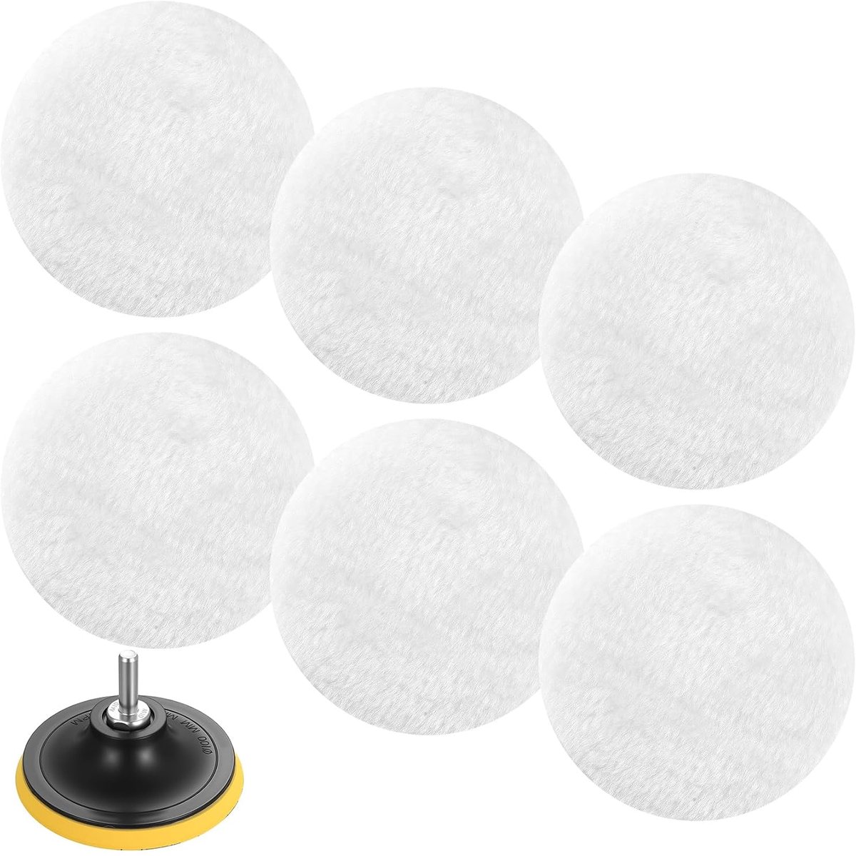 6 stuks autopolijstset, polijstschijven van wol, 125 mm, polijstpads voor auto's, schuurschijf voor excentrische schuurmachines, auto's en kurkvloeren + montageplaat/spindel
