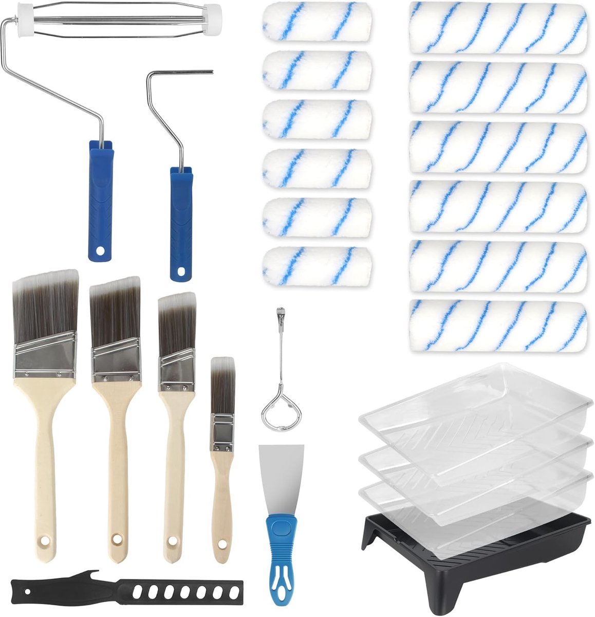 Set, 25-delige Schilder Set met 23cm 10cm Verfroller, Kwast en Verfbak, Microvezel Lakroller voor Professionele Schilderwerken, Verfroller Muurverf voor Schilderen, Renoveren, Blauw