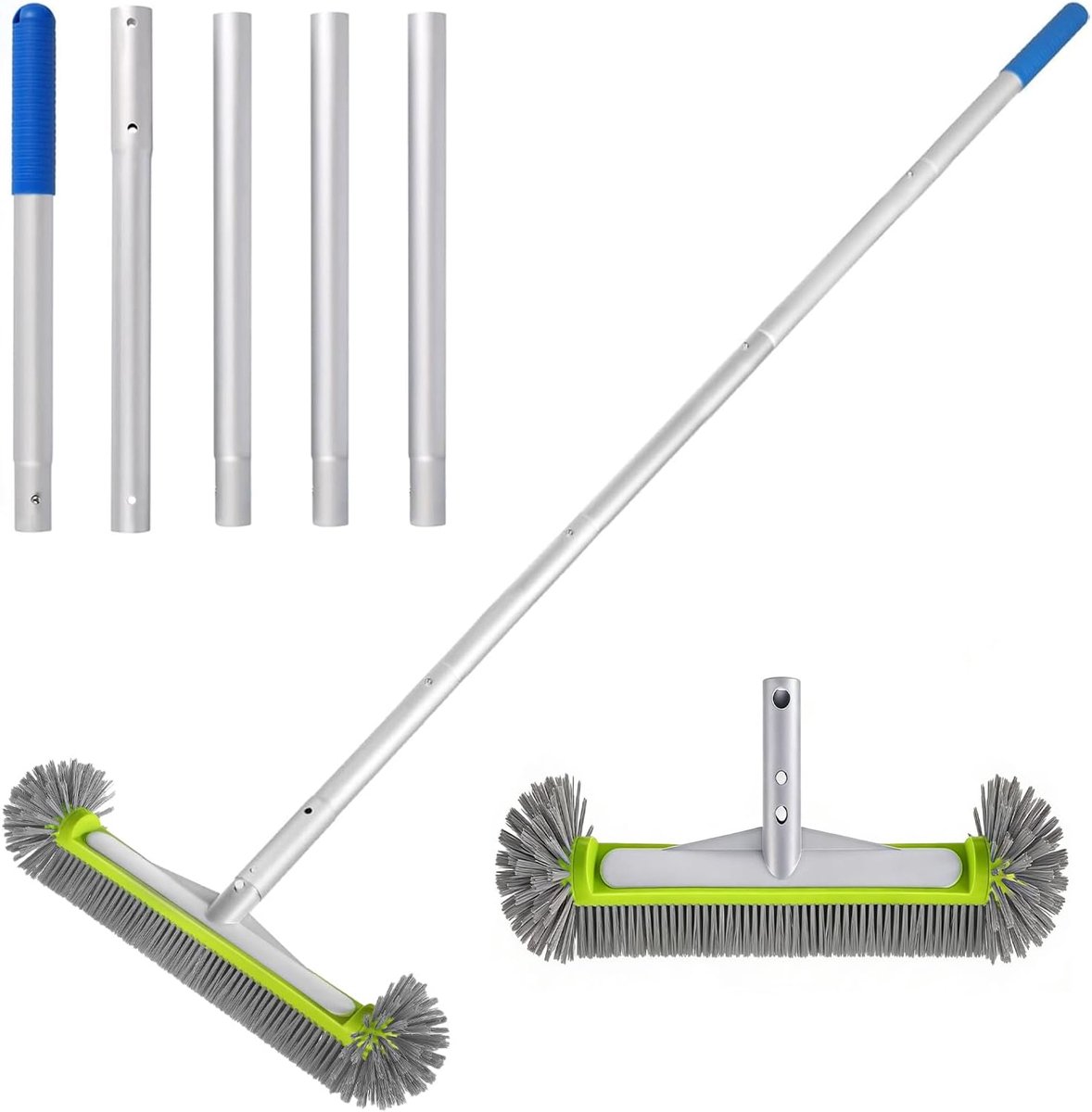 Zwembadborstel met telescoopstang, ronde zwembadreinigingsborstel, 43 cm, voor muren en vloeren, halfronde borstelharen voor tegels en treden, aluminium steel en afneembaar