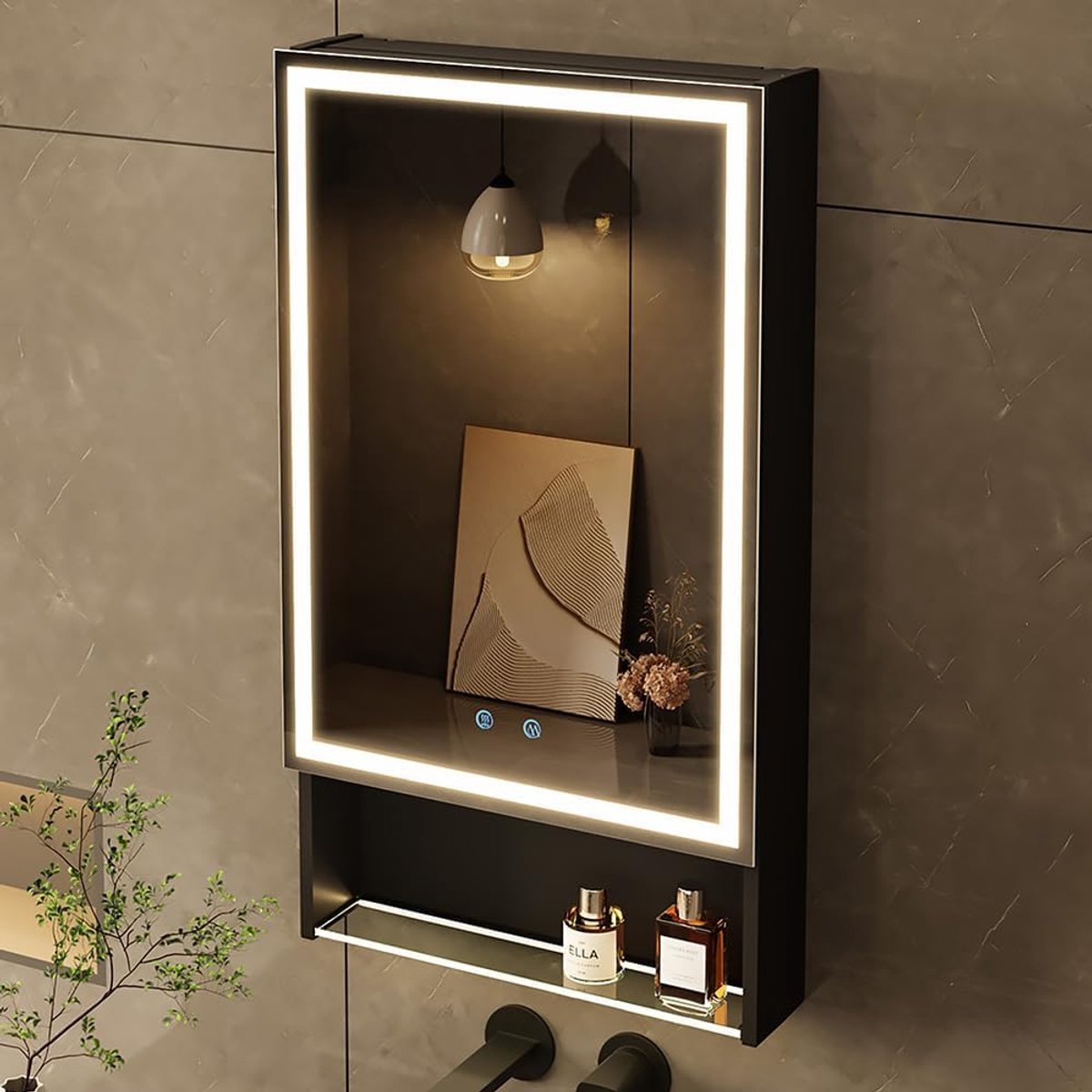 Badkamer met verlichting, 50 × 88 × 13 cm, 3-kleurenmodus, opslagplanken, ontcondensfunctie, stopcontact en USB, verstelbaar geheugen, aluminium (50 × 88 cm)