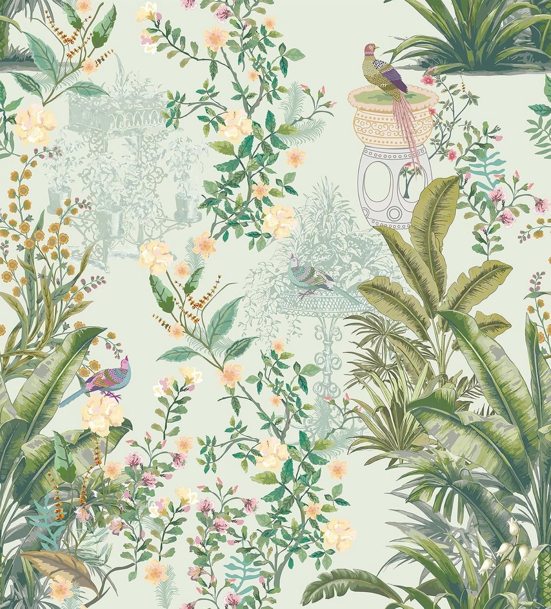 Behang bloemen aquarel bladeren en bloemen muurpapier 44 x 300 cm zelfklevende folie vintage decoratieve folie meubelfolie kleeffolie PVC vinyl muursticker