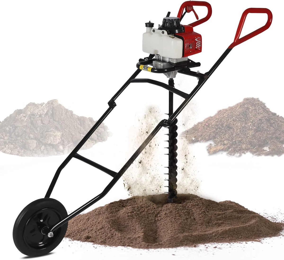 Grondboor, 63 cc, 2-takt, 2200 W grondboor, benzine, inklapbare grondboor met rubberen wiel, tuinboor, 80 mm boordiameter, 120 gaten/uur, bodem, voor vuil, ijs, fijn zand, bomen