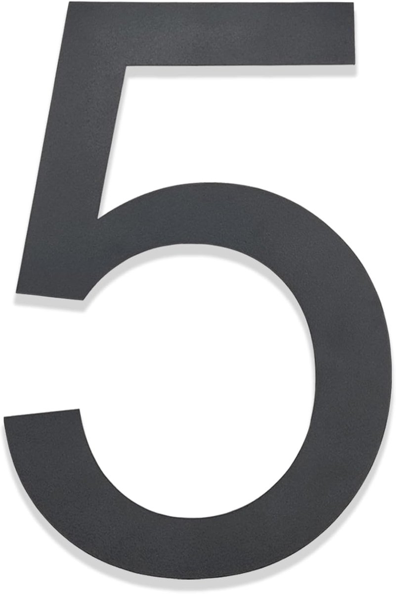 Huisnummer antraciet RAL 7016 - roestvrij staal, fijne structuur gepoedercoat, hoogte 20 cm, lettertype Arial, cijfer 5