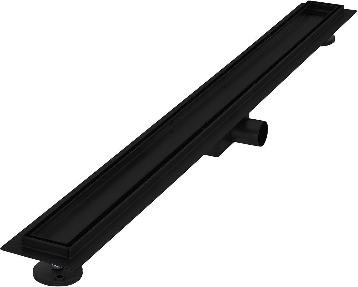 Douchegoot 90 cm 2in1, betegelbaar, extra plat, roestvrij staal, zwart, dubbelzijdige vloerafvoer, complete set vloerbevestiging, doucheafvoer, sifon met geurstop, haarzeef, afvoergoot douche