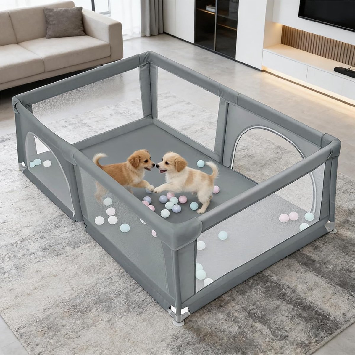 Box voor honden en puppy's met deur en zuignappen van TPR, binnenren van Oxford-stof en nylon net, voor kleine en middelgrote dieren (donkergrijs, 180 x 120 cm)