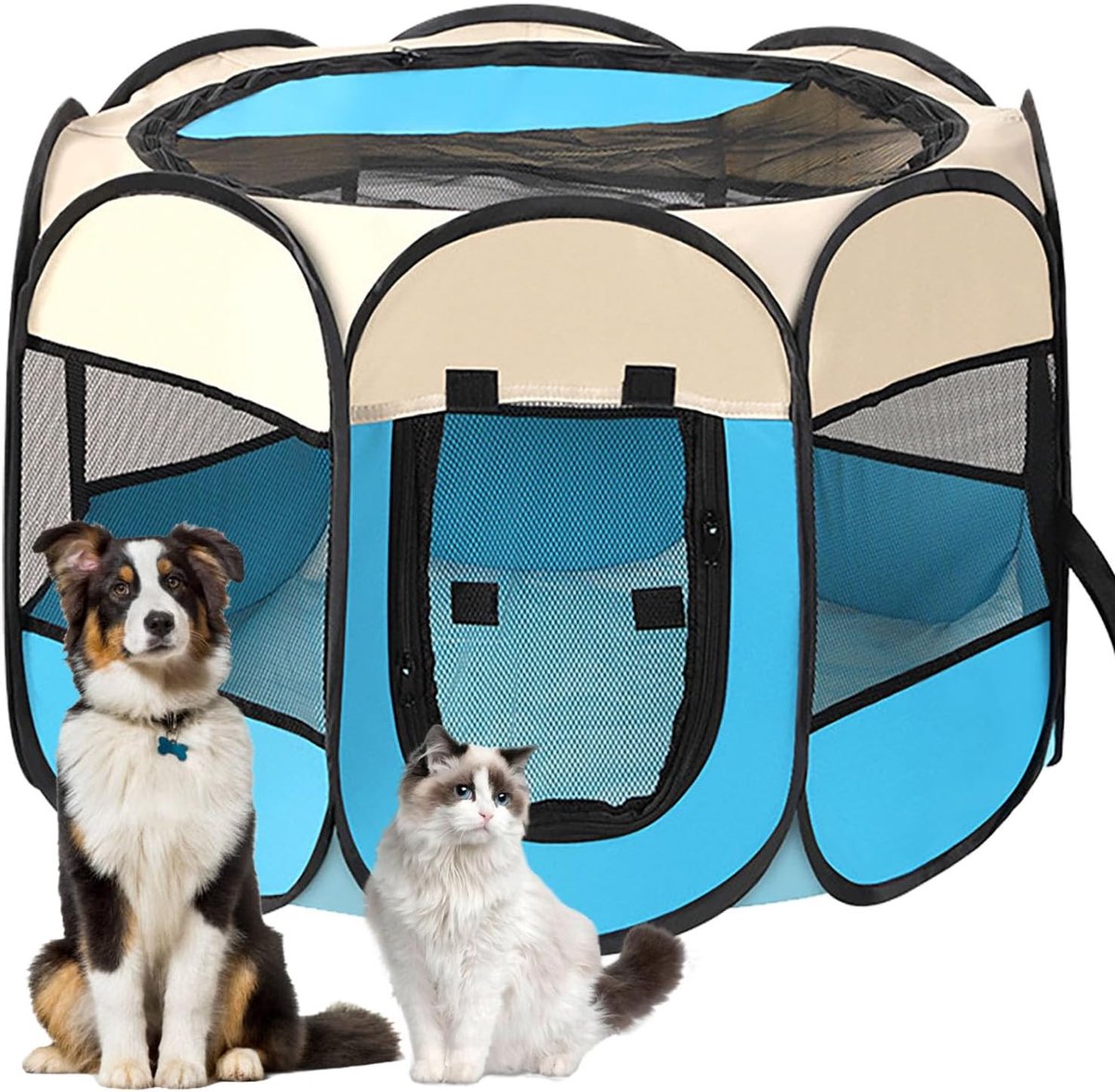 Puppyren, puppybox, hondenbox, opvouwbaar kattenverblijf, waterdichte Oxford stoffen box, hond, kattenkooi, hondenkooi voor katten, honden, konijnen(Blauw, L, 8)
