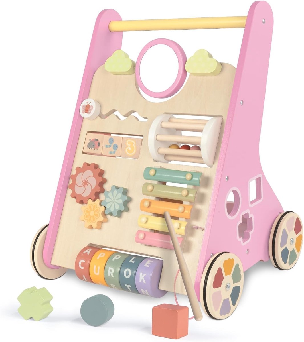 Baby loopwagen van hout met meerdere activiteiten, 10-in-1 loophulp voor baby's, educatief speelgoed voor kinderen vanaf 1 jaar, roze