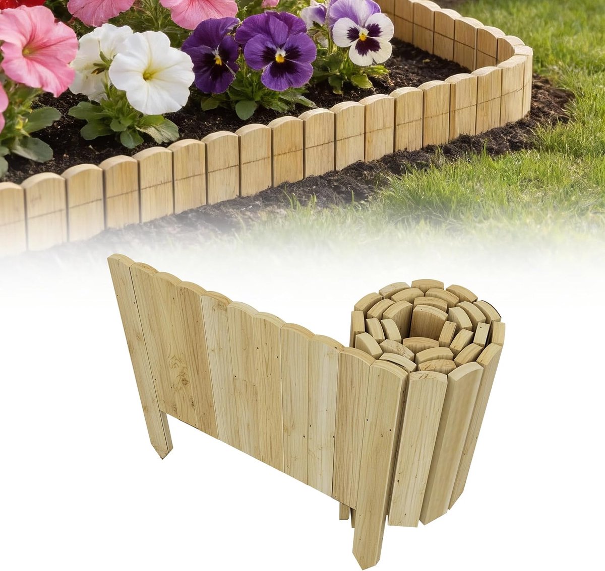 Flexibel houten omheining, 200 x 10 cm, natuurlijk hout, bloembedomranding, gazonrand, tuinomheining, tuindecoratie voor bloembed, terras en tuinpad