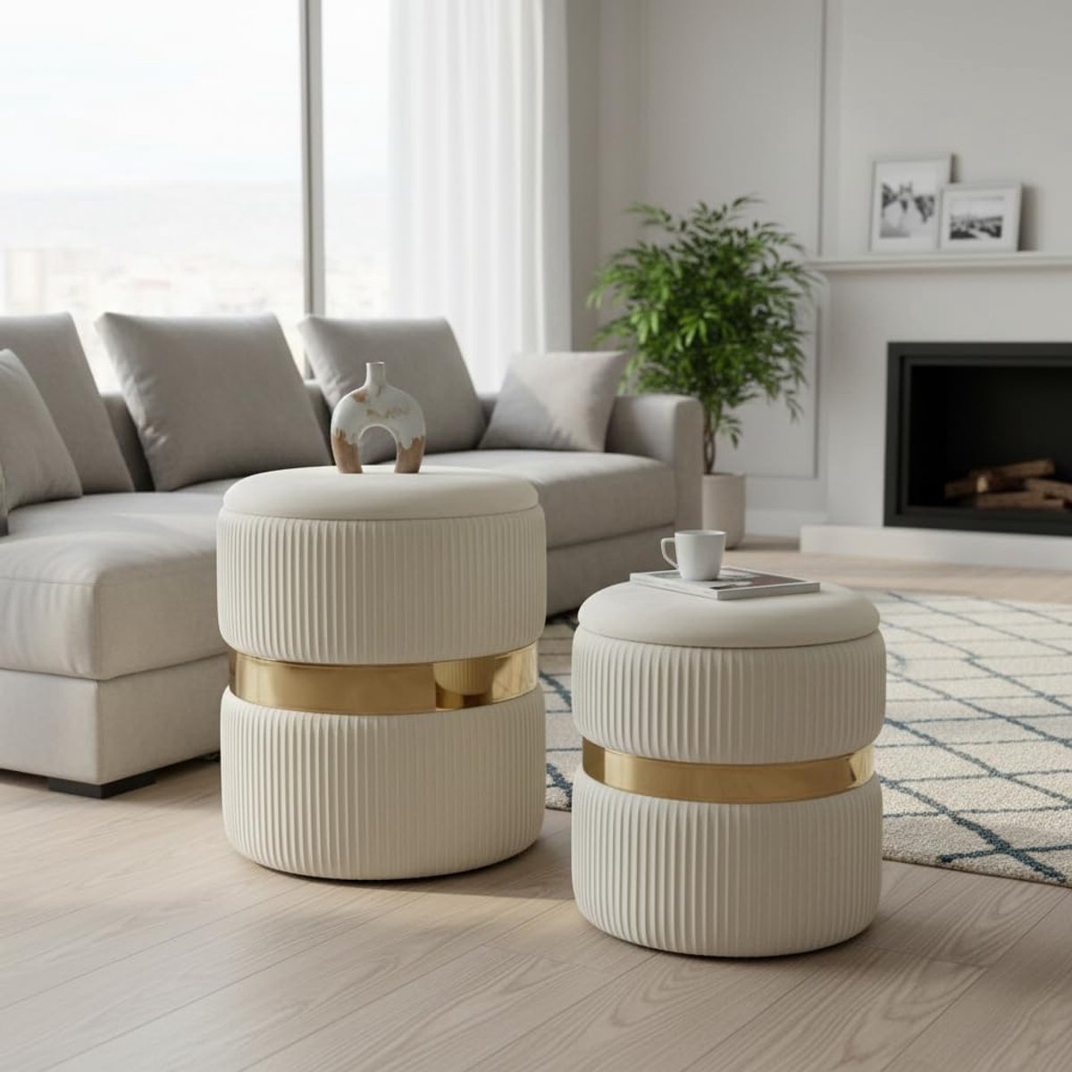 Set van 2 krukken met opbergruimte, fluweel, zitkruk, rond, make-uptafel, kruk, opbergkruk voor woonkamer, slaapkamer, kinderkamer, badkamer, 2 maten, crème