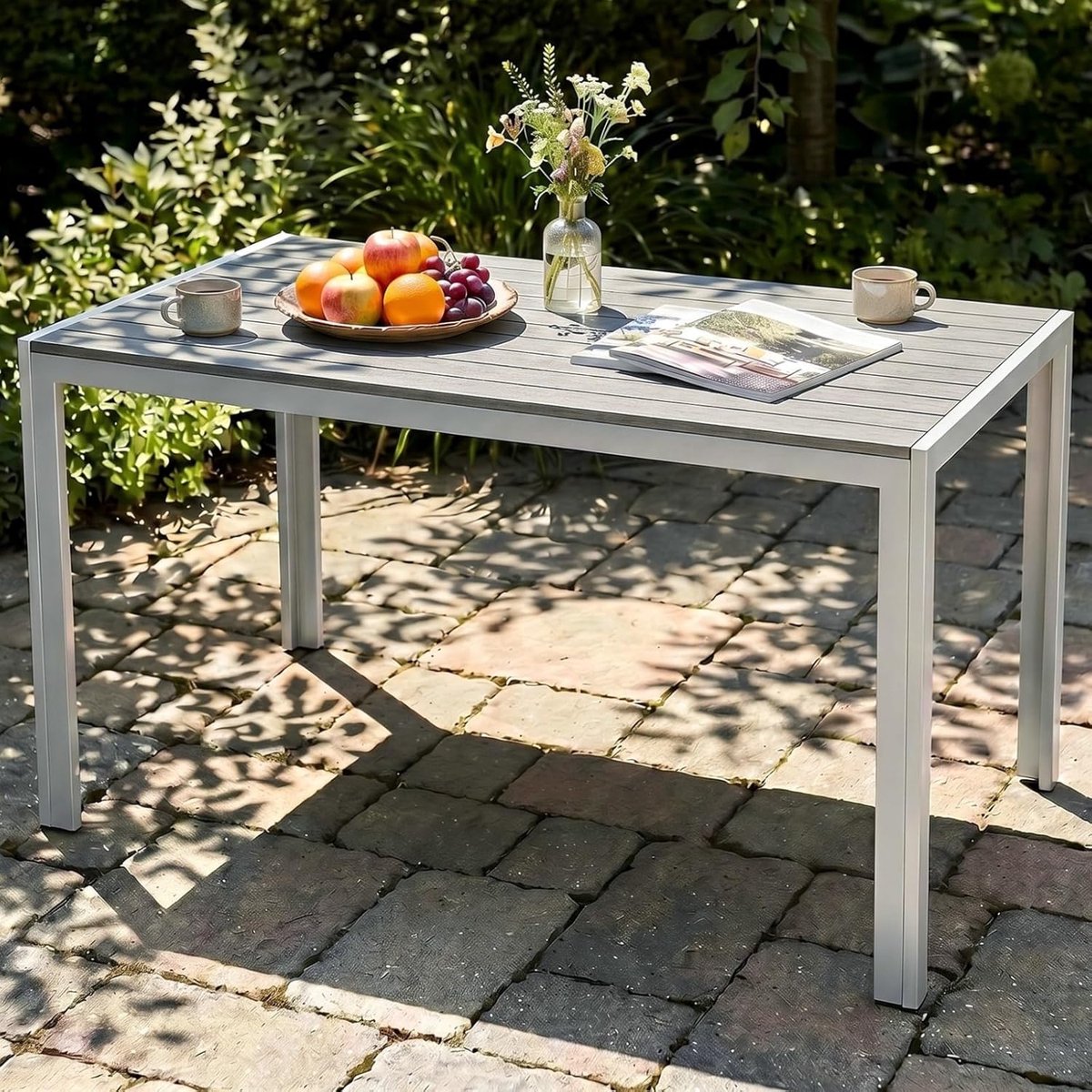 Aluminium WPC Tuintafel, 110x70 cm Rechthoekige Balkontafel, Weerbestendig Metalen Tuintafel, Roestvrij Outdoor Eettafel voor Terrassen, Tuin, Balkon, Volledig Grijs