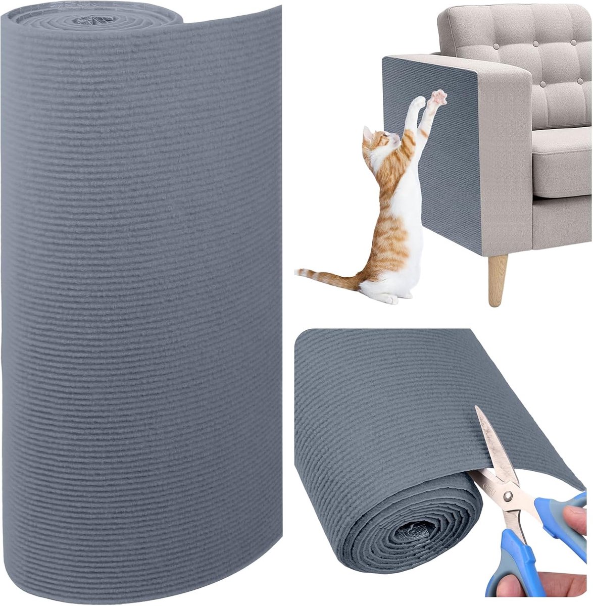 Krabmat voor katten, zelfklevend, kattenwand, doe-het-zelf trimbare krabwand voor katten, bank, krasbescherming voor meubels, beschermt meubels (40 x 200 cm, lichtgrijs)