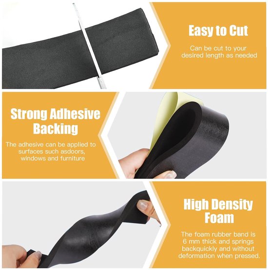 Zelfklevend, voor deuren en ramen, van schuimrubber, anti-trilling, botsing, geluidsisolatie, stootvaste isolatie voor ramen, deuren, auto, meubelbescherming (zwart, 3 m (L) x 100 mm — afbeelding 4