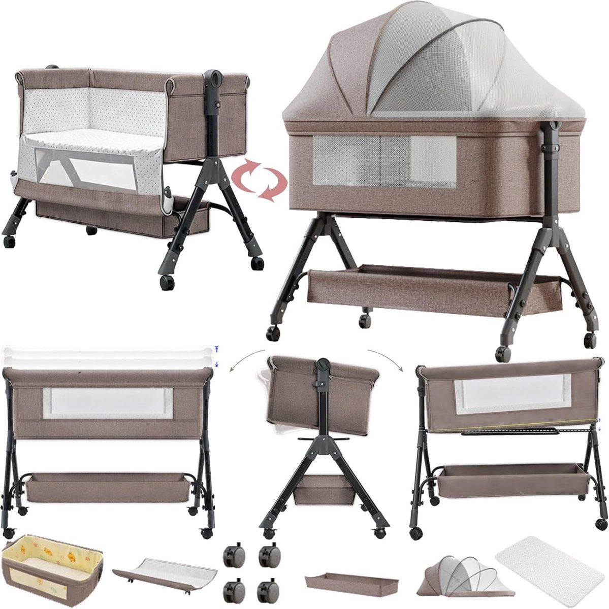 To Me wieg, opvouwbare converteerbare baby bedwieg, co-sleeping mandje, baby bedwieg (X3 Khaki)