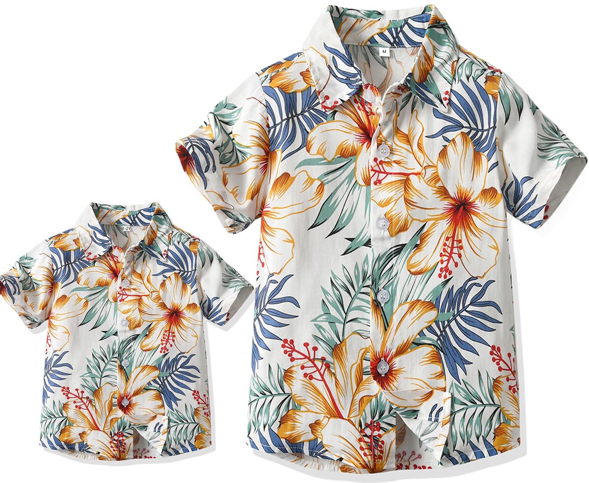 Hawaiiaanse shirts heren jongens 7-8 jaar - geel - bloemen - perfect voor zomervakantie - SnelShoppen