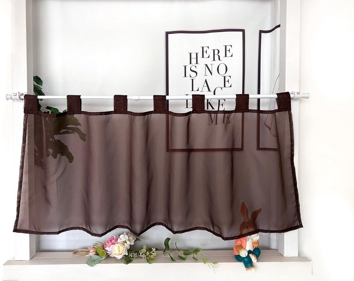 vitrage, voile, korte gordijn met lussen, moderne bistrogordijn, transparant raamgordijn, kort gordijn, eenvoudig raamgordijn voor de keuken, HxB 60x145cm, bruin, 1 stuk