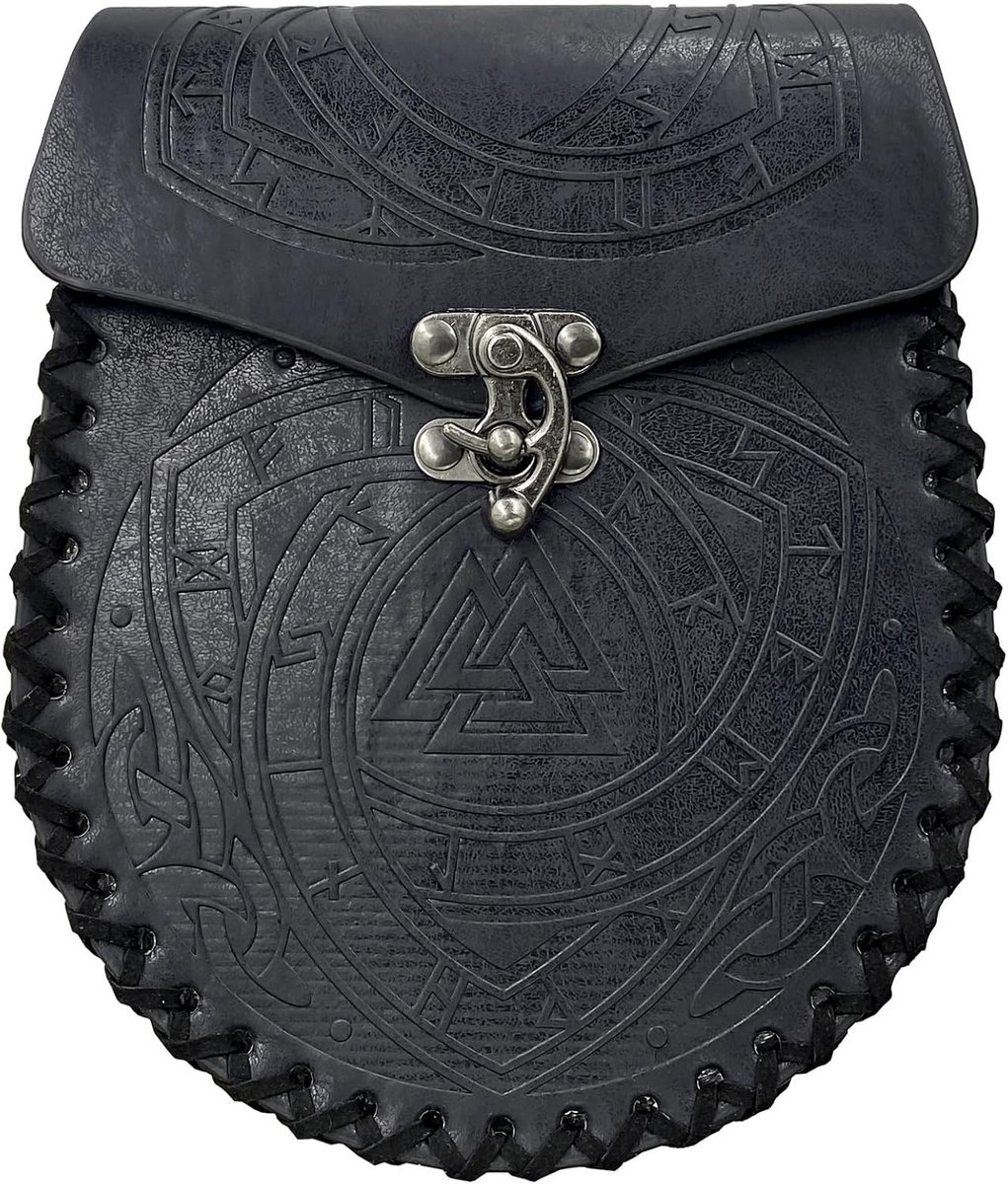 Embossed Belt Bag, Middeleeuwse Faux Leather Pouch, Zwarte Viking Renaissance Munttas, Vintage Pouch Bag voor Mannen LARP Halloween (Odin)