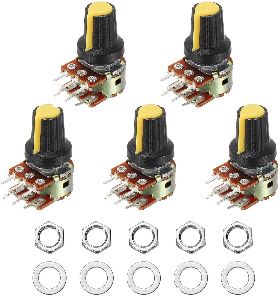 Potentiometerset, 6 pinnen, sleufas, lineaire rotatie, dubbele kegel, audio-potentiometer, draaibaar, met moer en sluitring voor volumeregeling