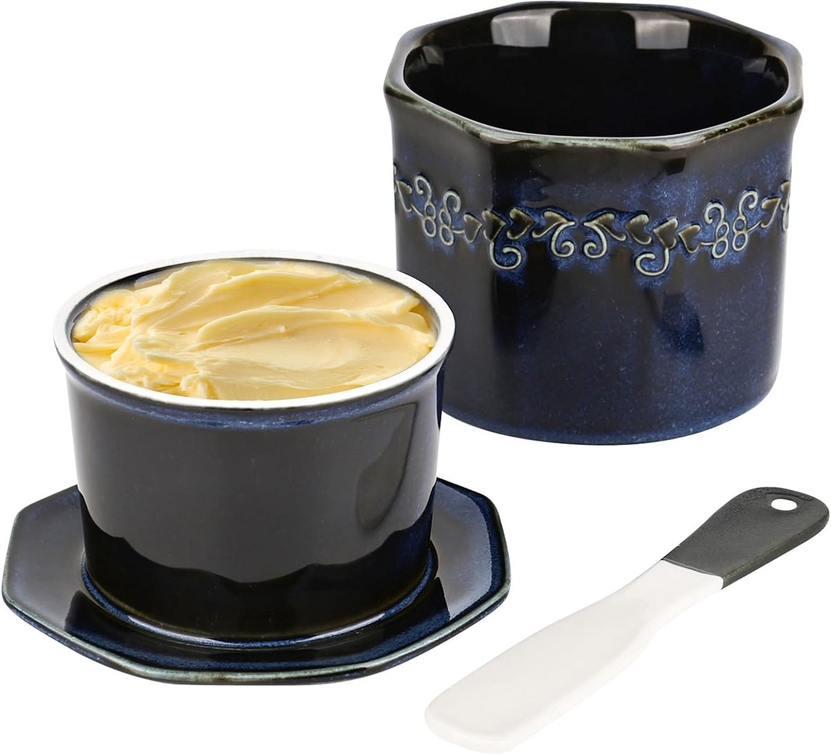 Boterstolk, Keramiek, 250 g, Met Keramisch Mes, Watergekoeld, Blauw, Gelakt, Ovaal