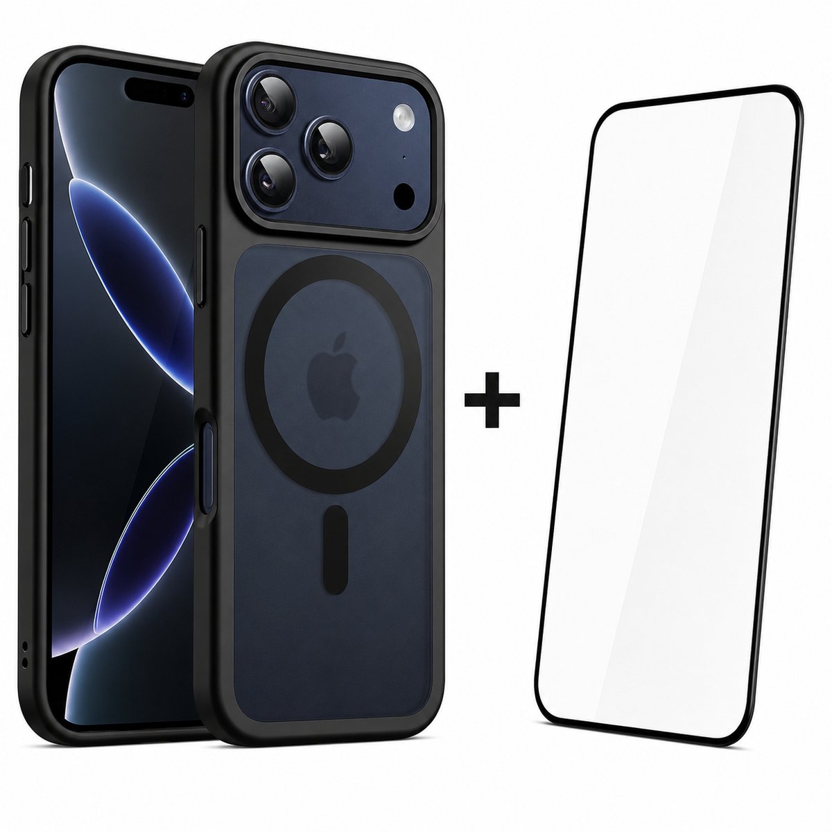 Hoesje - Geschikt voor Apple iPhone 17 Pro - 2 in 1 Set - Screenprotector geschikt voor iPhone 17 Pro - MagSafe geschikt - Shockproof - Slank - Inclusief Glasprotector voor iPhone 17 Pro - Transparant Mat Zwart
