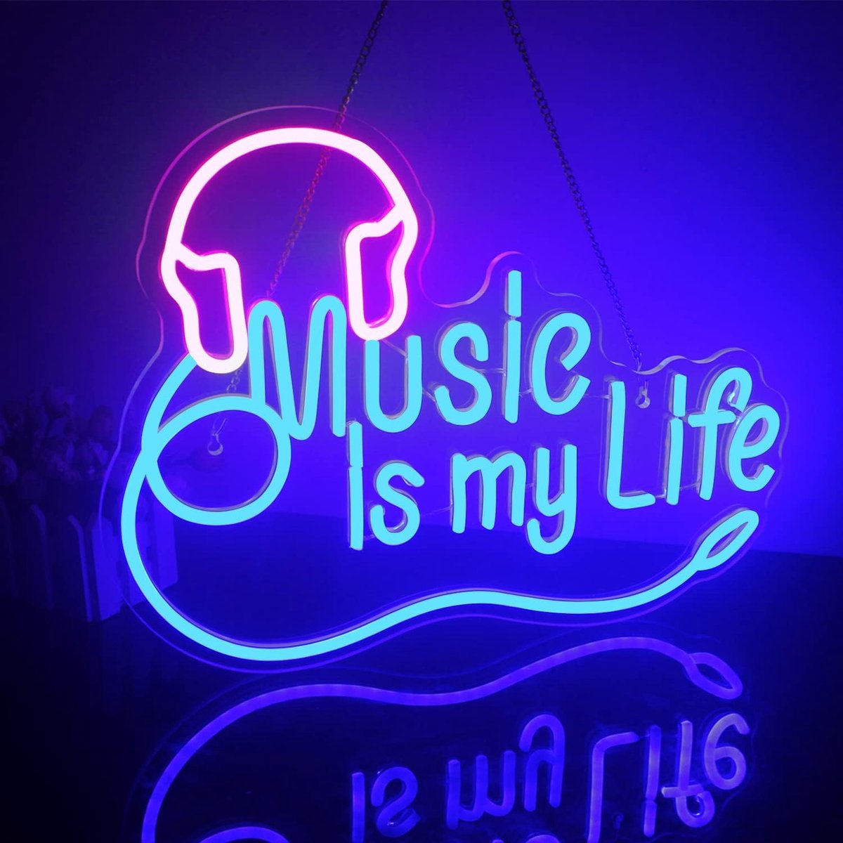 Music Is My Life Neonbord voor Wanddecoratie - Dimbaar Roze Blauw LED Neon Lichtborden met Hoofdtelefoon voor Slaapkamer, Muziek Studio, Bar Club en Party Gift