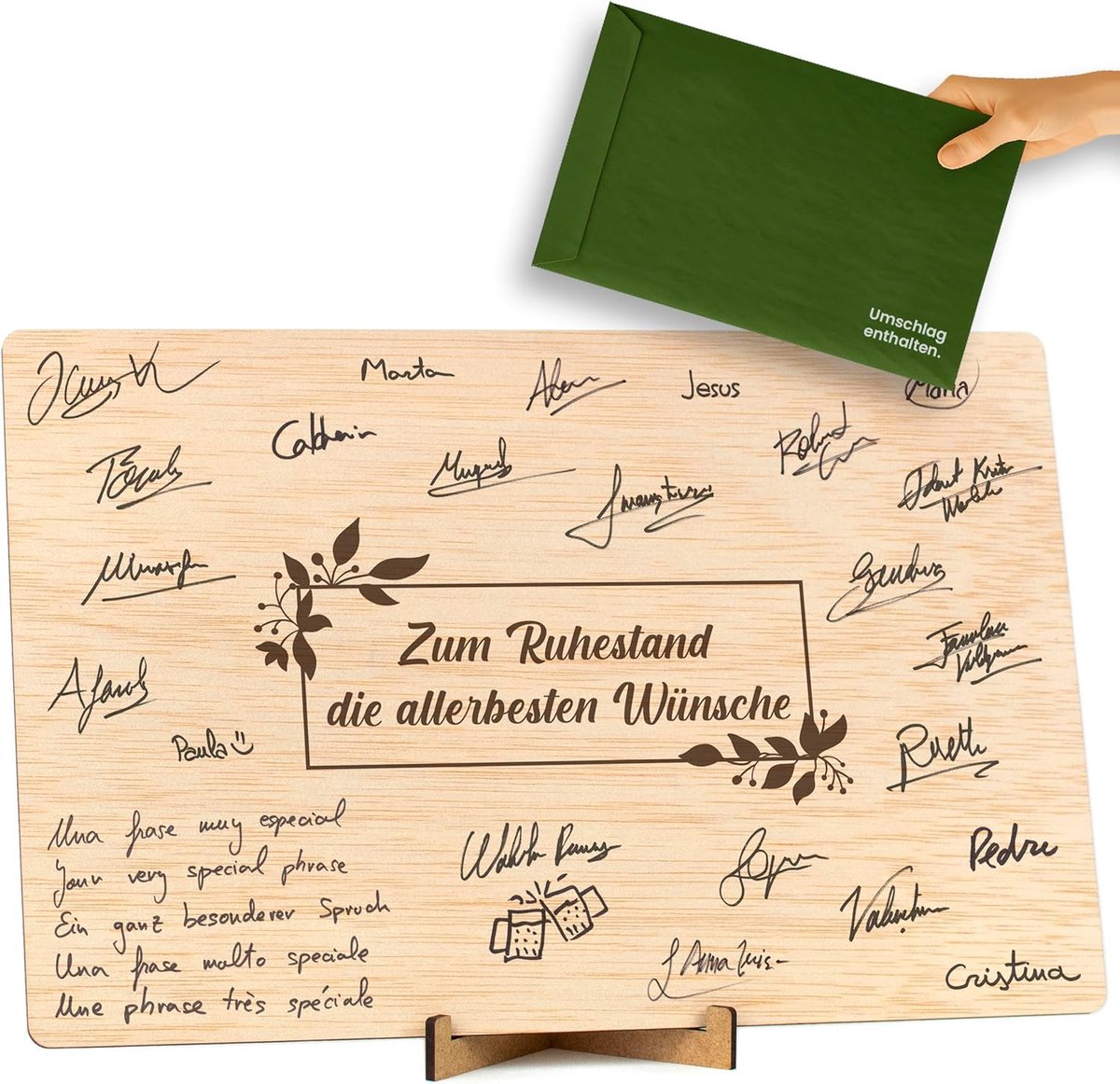 Pensioen kaart of handtekeningboek van hout. Originele felicitaties voor pensionering voor collega's, baas, vrienden, leraren, gepensioneerde mannen en vrouwen (pensionering)