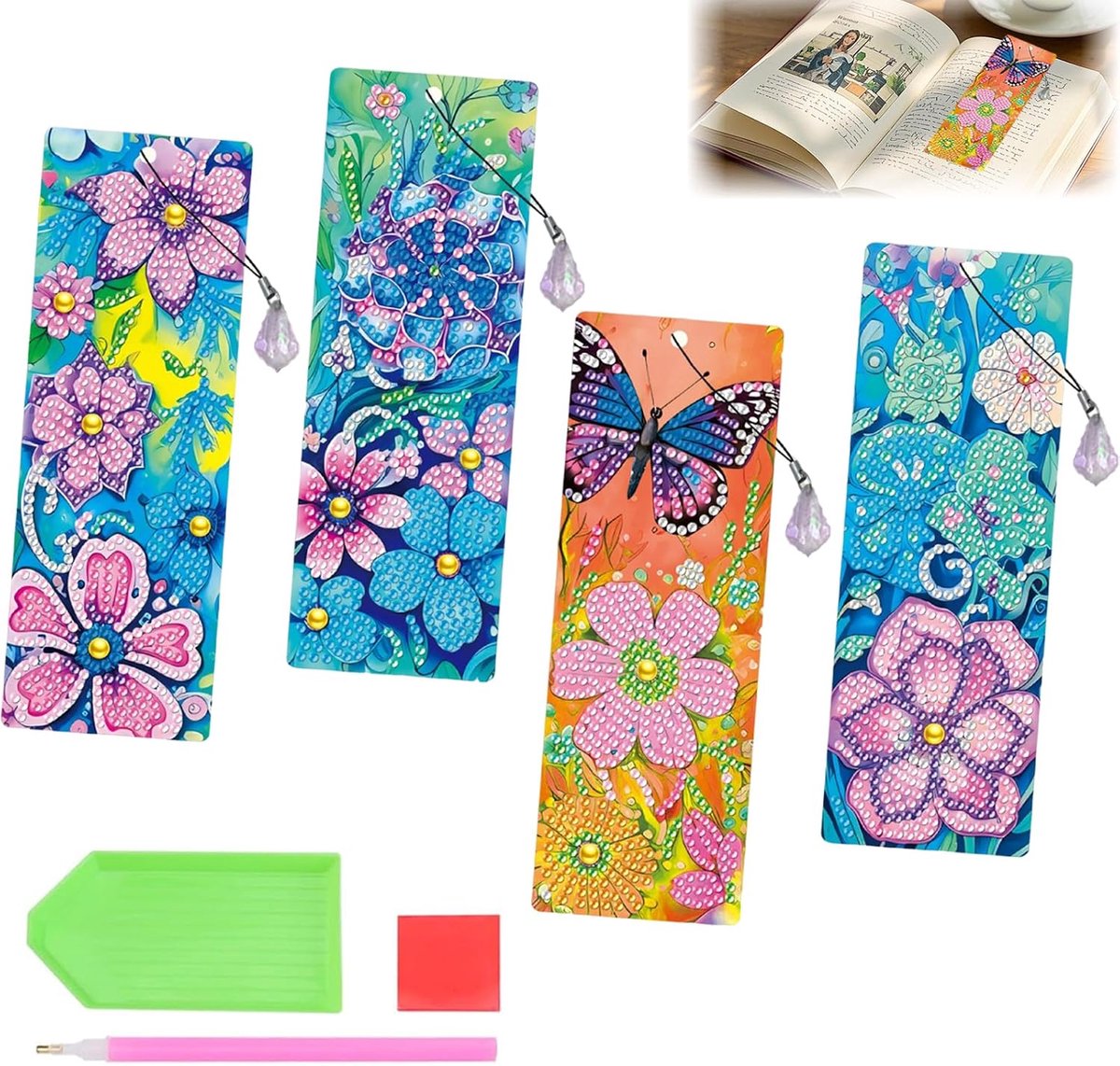 4 Stuks Vlinder Diamond Painting Bladwijzer, 5D DIY Bloem Diamantschilderij Ornamenten Kunstset Verf op Nummers Kit voor Volwassenen Beginners Clips Bladwijzer Knutselset Verjaardagscadeau