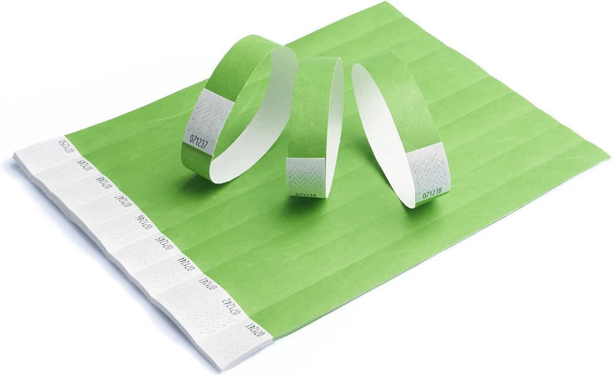 Polsbandjes, neongroen, 19 mm, 100 stuks, papieren armbanden voor veiligheid en evenementen, scheurvast, licht en waterdicht