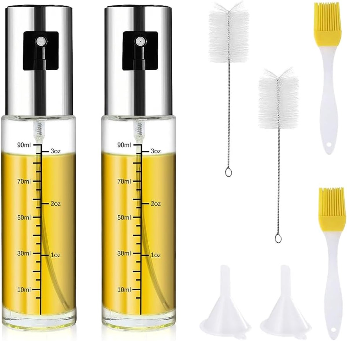2 stuks Oliesproeierset, 100 ml oliespray oliespuitfles, spuitfles voor spijsolie met bakborstel, trechter, multifunctionele oliesproeier olijfolie spuitfles voor spijsolie voor grillen, koken