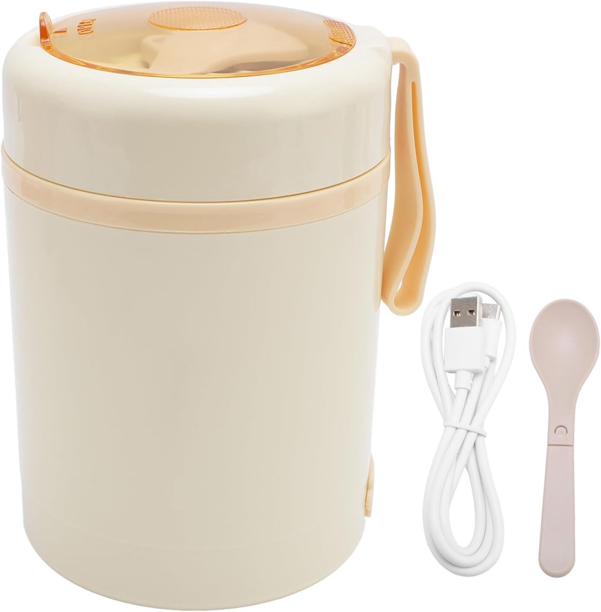 600ML Elektrische Lunchbox, Draagbare Voedselverwarmer Roestvrij Staal met Lepel, USB-aangedreven 60 ° C Constante Temperatuur Geïsoleerde Verwarmingsbeker, voor Reisautokantoor (Beige)
