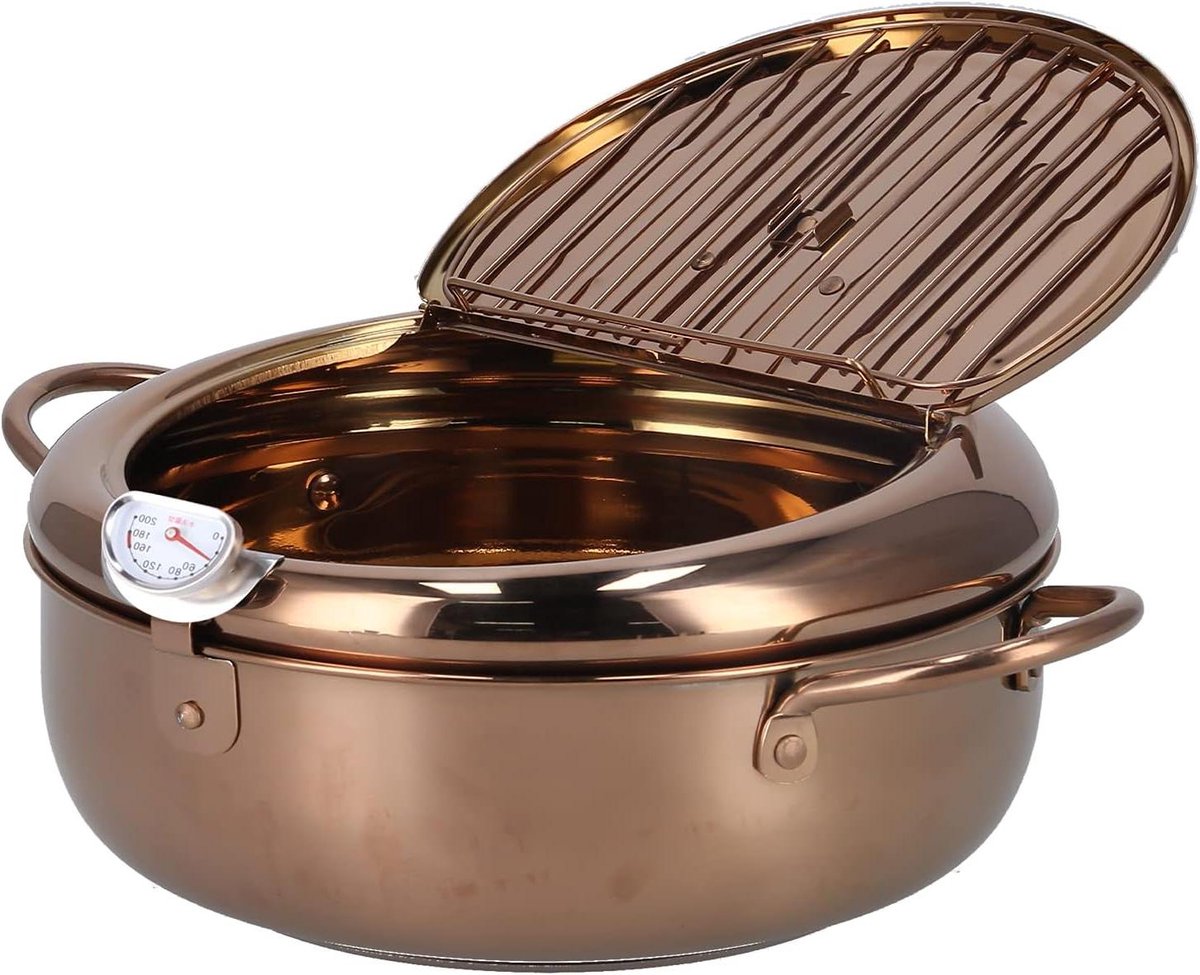 Friteuse Met Thermometer - Frituurpan Antiaanbak - Thuis Frituren - Roestvrij Staal - 32 Liter - Rosé Goud