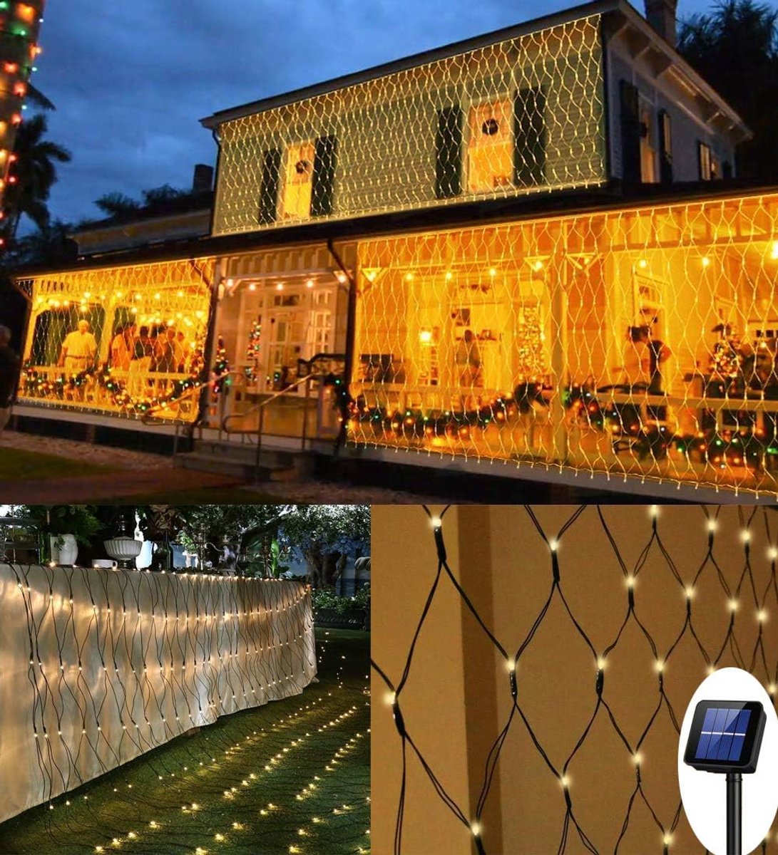 200 LED zonne-netlicht, 3 m x 2 m mesh fee lichtslingers, 8 modi outdoor weerbestendige gordijnverlichting, automatisch aan/uit boomwikkel kerst decoratief licht voor balkon hek tuin achtertuin (warm