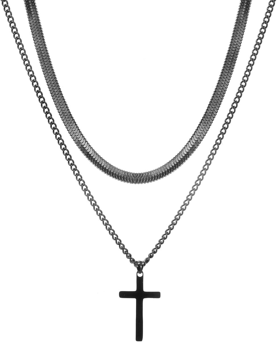 Chain Heren gelaagde Cross Chain roestvrij staal, platte slangenketting met kruisketting, kruis sieraden geschenken goud/zilver/zwart voor mannen 18/20/22/24 inch