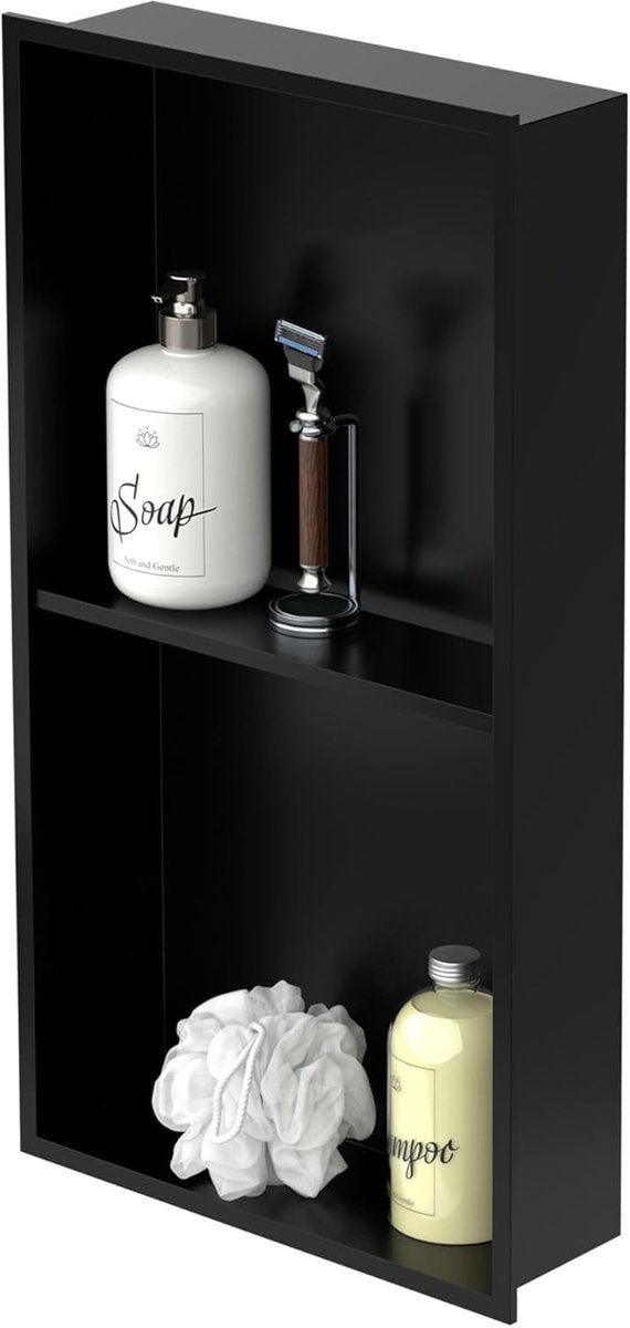 Wandnis dubbel roestvrij staal 30x60x10 cm zwart, douchenis met frame, flexibele installatie, betegelbare nis voor badkamerbenodigdheden, doucheplank, dubbele plank opbergruimte voor badkamer