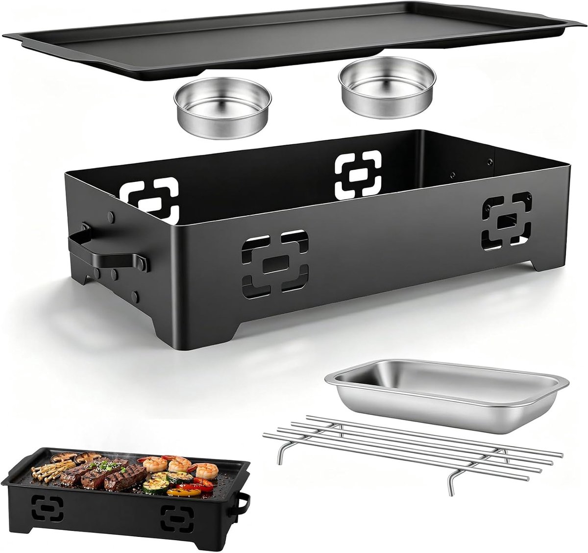 Warmhoudplaat 37 x 20 x 8 cm met 3 alcoholschalen, voedselwarmer met houtskoolhouder, warmhoudcontainer voor grillgoederen, met grillrooster voor party, camping en tuinbarbecue