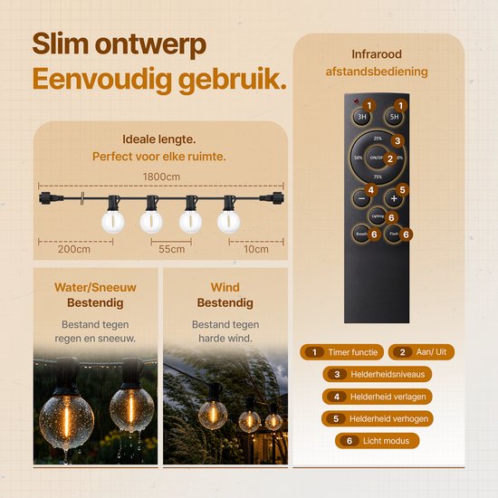 Aurae Buitenverlichting 30 LED - 18 m - Lichtsnoer Buiten en Binnen - IP44 - Prikkabel met Afstandsbediening - Dimfunctie - Timer - Lichtslinger - Sfeerverlichting
